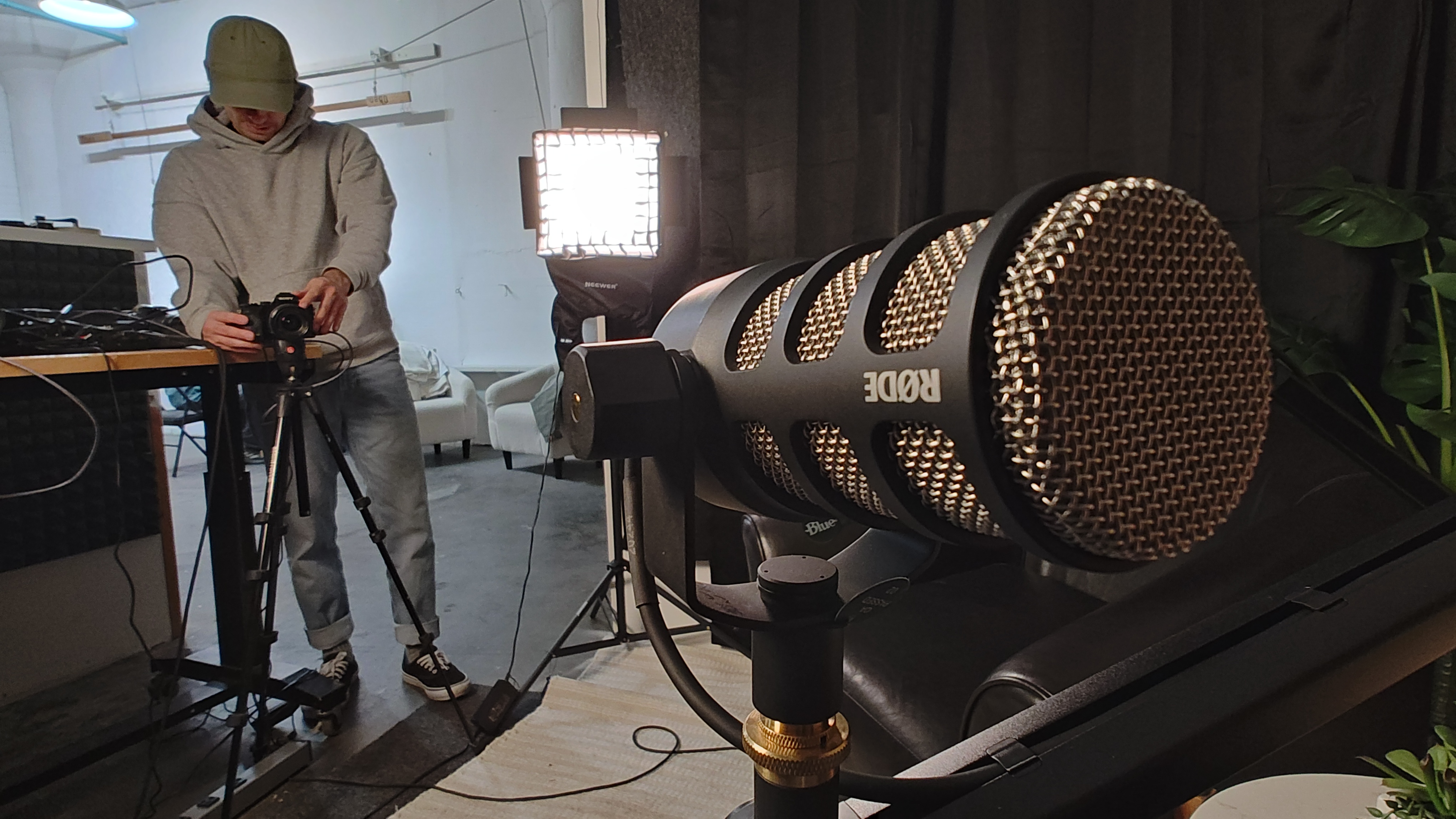 Dan checking the lighting at the St. Paul podcast studio.