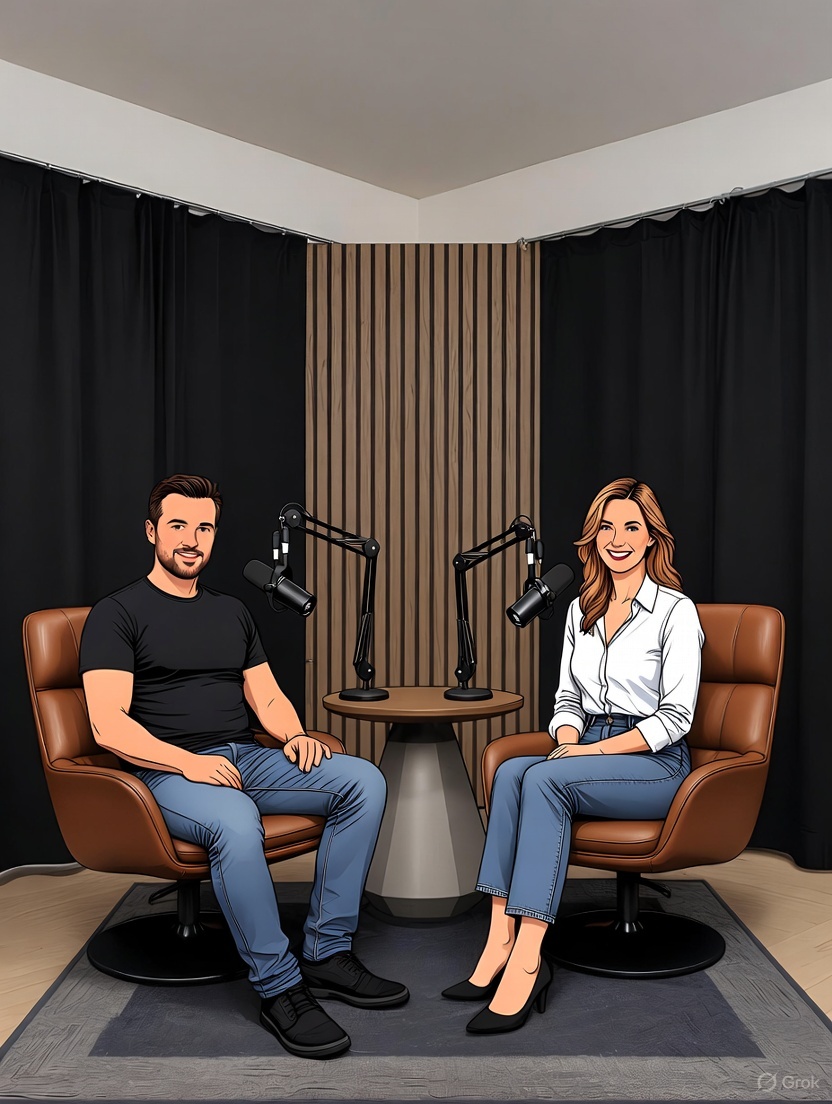 warmly lit podcast set with two people in swivel chairs.